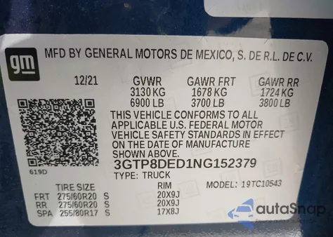 2022 GMC Sierra 1500 Limited 2Wd Short Box Slt z USA, uszkodzony, nr VIN 3GTP8DED1NG152379